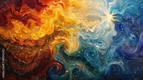 An abstract interpretation of the elements, with swirling patterns of fire, water, earth, and air converging in a harmonious dance. Each element is represented by its own unique color and texture.  photo