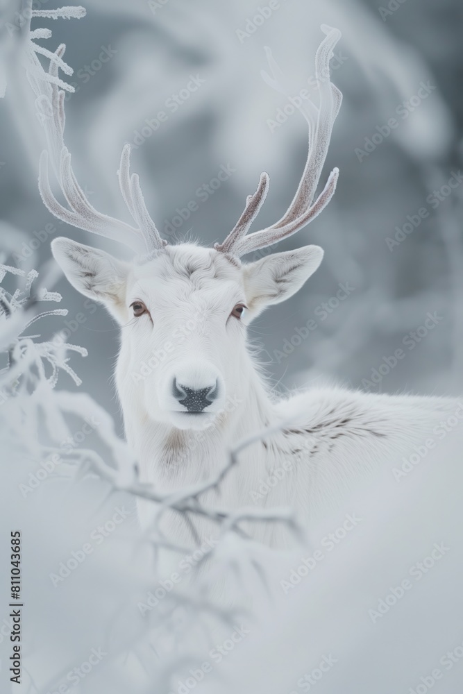 Close-Up of Frosty Reindeer with Snow-Covered Antlers in a Serene Arctic Winter Landscape Close-Up of Frosty Reindeer with Snow-Covered Antlers in a Serene Arctic Winter Landscape