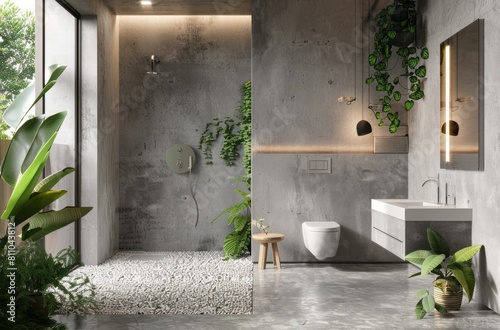 Modern bathroom with gray tiles  concrete walls and white marble accents. There is an open concept layout with toilet on the right side of wall