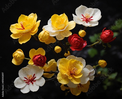a close up of a bunch of flowers with white and yellow flowers in the middle of the picture and the center of the flowers in the middle of the picture, stock photo