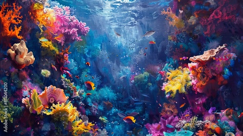 An abstract underwater scene filled with brightly colored coral formations and tropical fish swimming amidst a coral reef. 