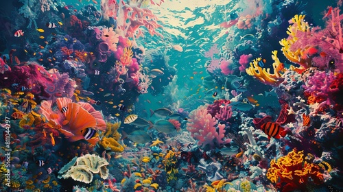 An abstract underwater scene filled with brightly colored coral formations and tropical fish swimming amidst a coral reef. 