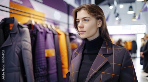 A young woman in a purple coat is looking at a rack of clothes in a store. She is trying to decide what to buy. photo