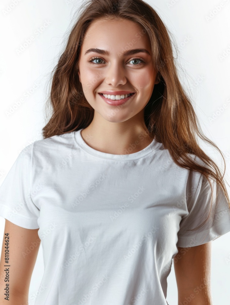 Woman wearing white tshirt mockup created with generative AI Woman wearing white tshirt mockup created with generative AI