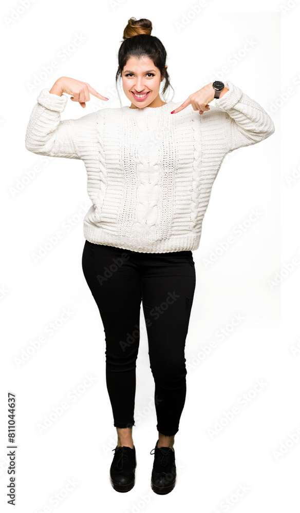 Young beautiful woman wearing winter sweater looking confident with smile on face, pointing oneself with fingers proud and happy. Young beautiful woman wearing winter sweater looking confident with smile on face, pointing oneself with fingers proud and happy.