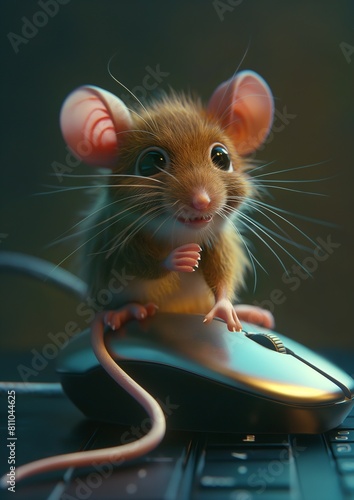 a mouse sitting on a computer mouse, in the style of photorealistic fantasies, happy expressionism photo