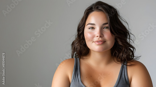 A confident and radiant 30-year-old woman with a warm smile, proudly embracing her curves and radiating self-assurance. Her portrait exudes positivity and empowerment 