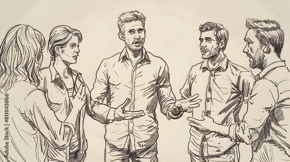 Fototapeta premium Mediator Guiding a Group Through Conflict with Welcoming Gesture and Varied Expressions