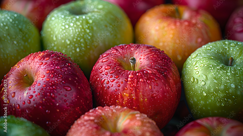 Juicy red and green apples with water droplets, Generative AI Juicy red and green apples with water droplets, Generative AI