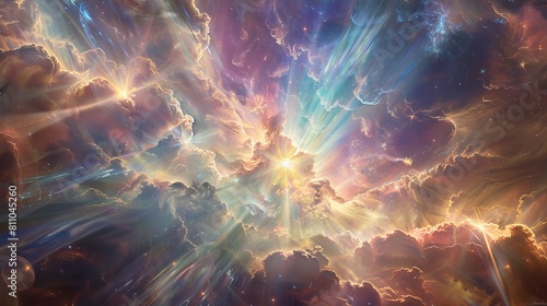 An ethereal scene depicting a celestial body surrounded by swirling clouds of light and energy. 