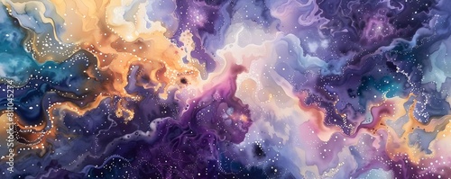 Vibrant Cosmic Nebula Teeming with Microscopic Space Plankton Forming the Base of the Galactic Food Chain in a Dreamlike Watercolor Painting photo