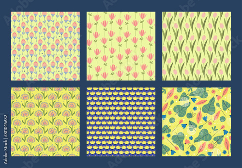 Colorful and bright springtime elements seamless pattern set. Leaves and flowers
