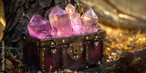 Mysterious fabulous Chest with Glowing colored Crystals. Open treasure chest, precious minerals and stones, jackpot.