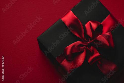A black gift box decorated with a bright red ribbon on a background of rich red and burgundy color. The concept of a holiday, birthday, black Friday.