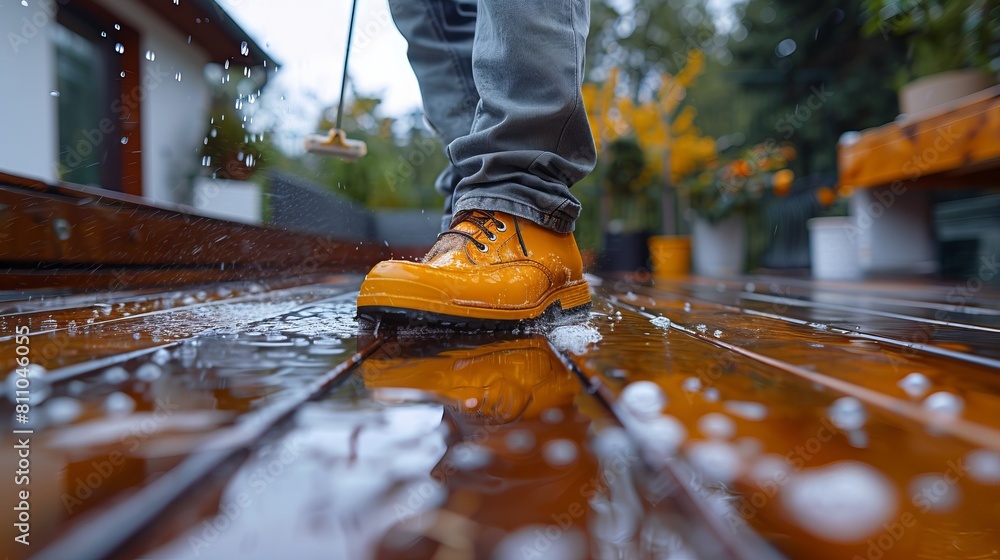 A person wearing yellow shoes walking on a wooden deck. A person wearing yellow shoes walking on a wooden deck.