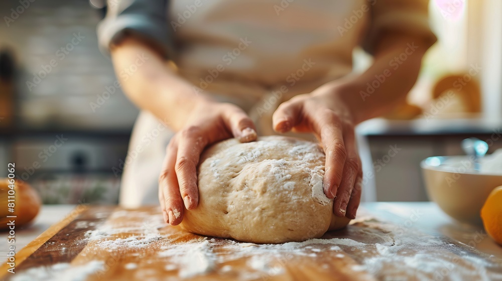 A woman is kneading dough on a wooden table.