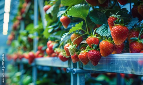 Strawberries growing in a greenhouse. photo