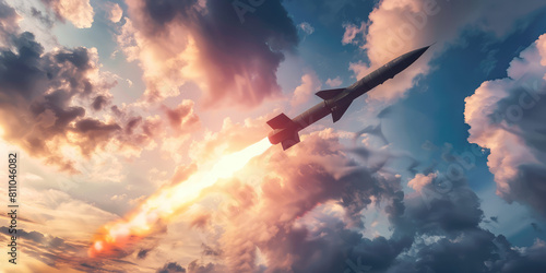 Сloseup combat missile flies in the air on background of sky and clouds, copy space. Missile attack, air attack, war, missile strike.