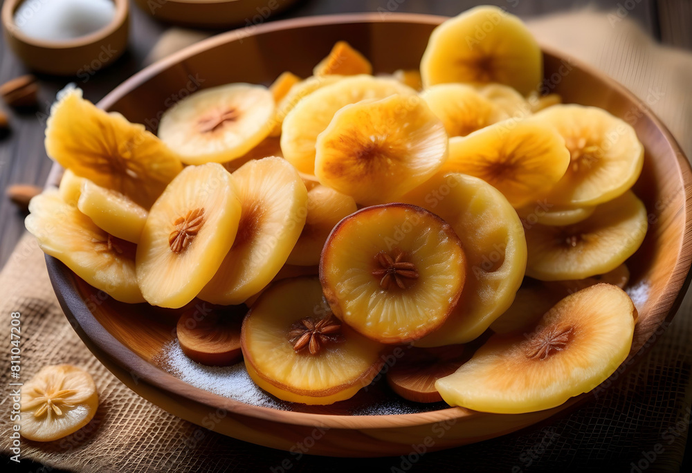 A bowl filled with crispy fried banana chips in the wooden bowl A bowl filled with crispy fried banana chips in the wooden bowl