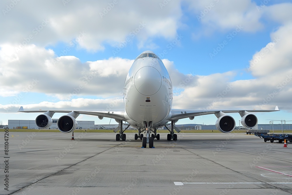 A commercial jetliner sits still on the tarmac of an airport, ready for boarding and takeoff.