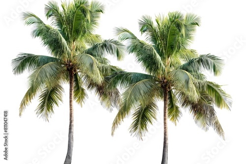 Three tropical palm trees standing against a plain white background.