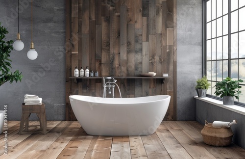 Modern bathroom with gray walls  wooden floor and bathtub in the center of the room. A large window on the right side shows an outside view