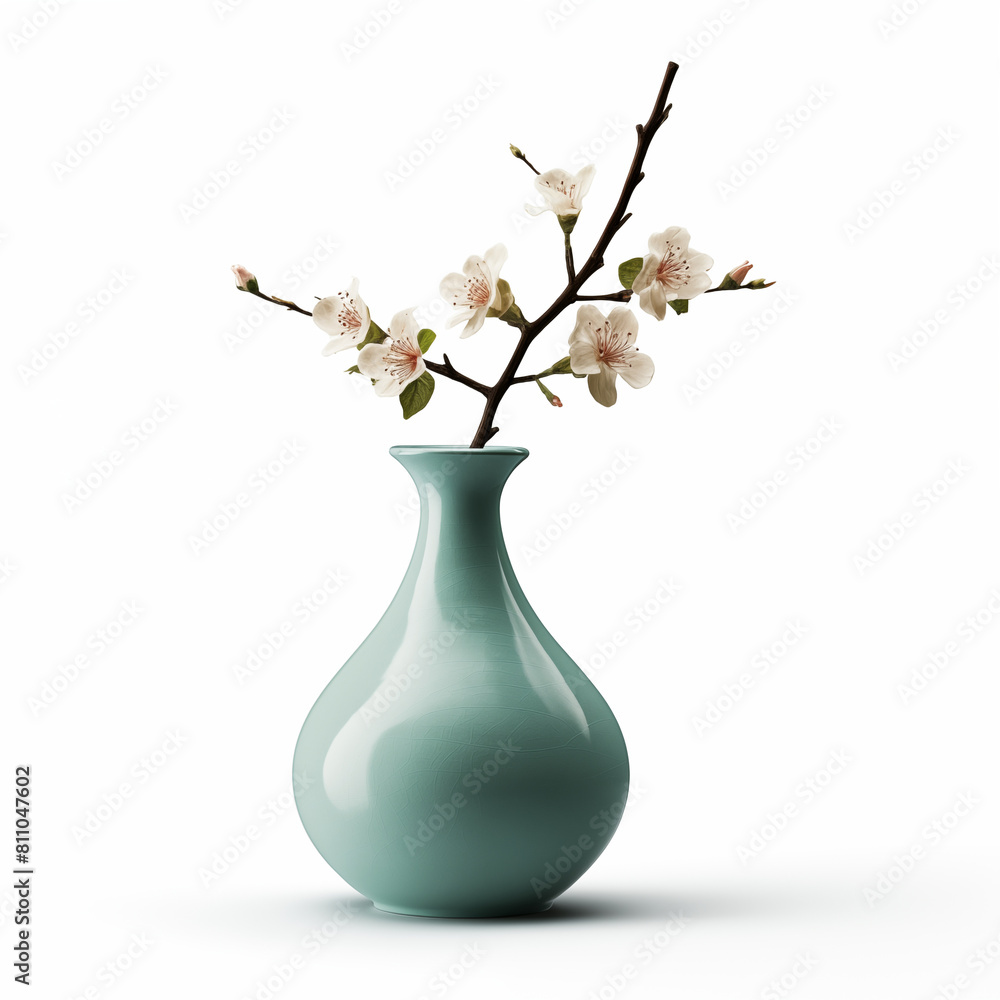Delicate cherry blossom branch in a celadon vase on a white background