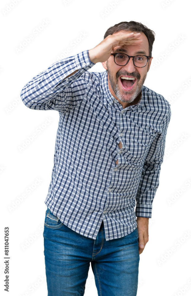 Handsome middle age elegant senior business man wearing glasses over isolated background very happy and smiling looking far away with hand over head. Searching concept. Handsome middle age elegant senior business man wearing glasses over isolated background very happy and smiling looking far away with hand over head. Searching concept.