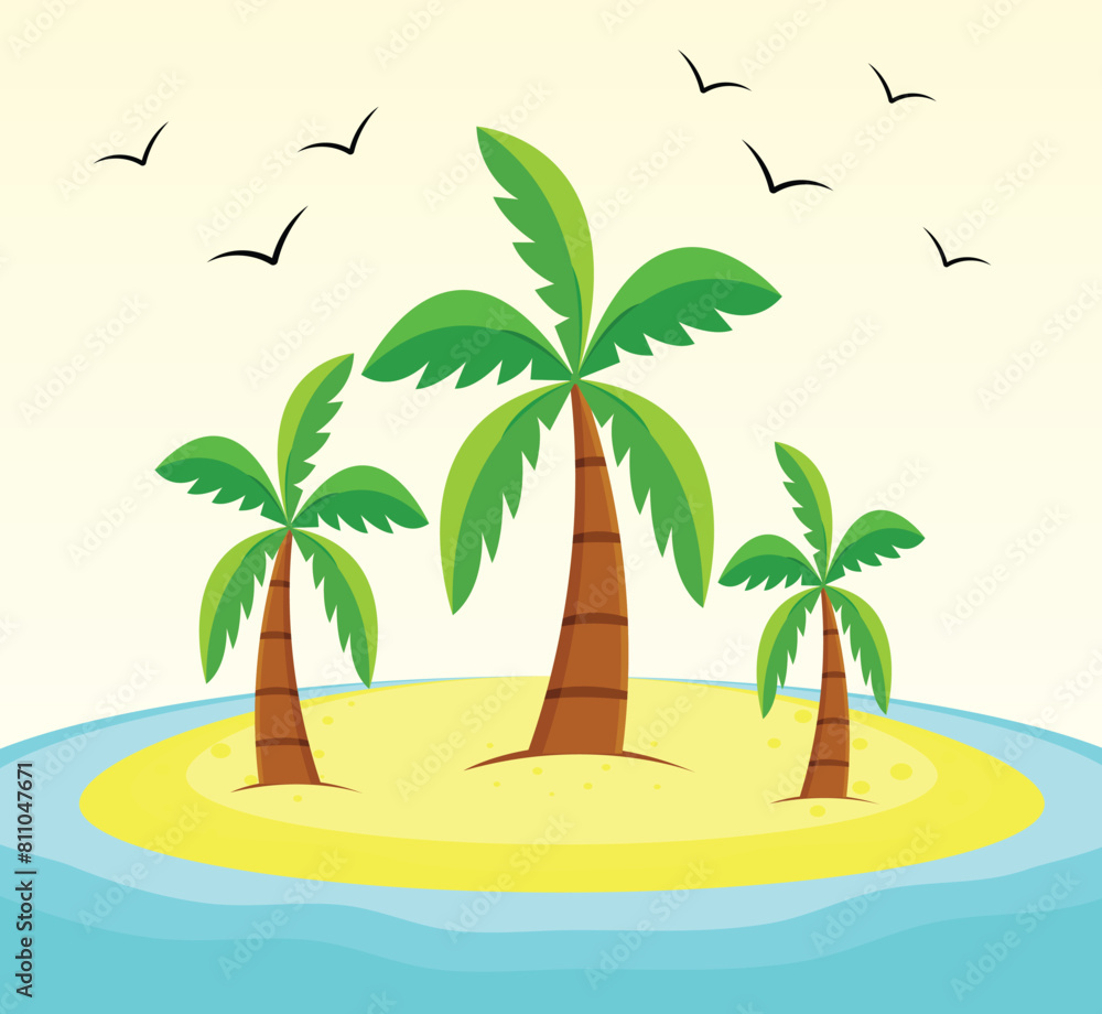 palm trees on the beach. Tropical island with palm trees and birds. Summer landscape vector illustration. 
