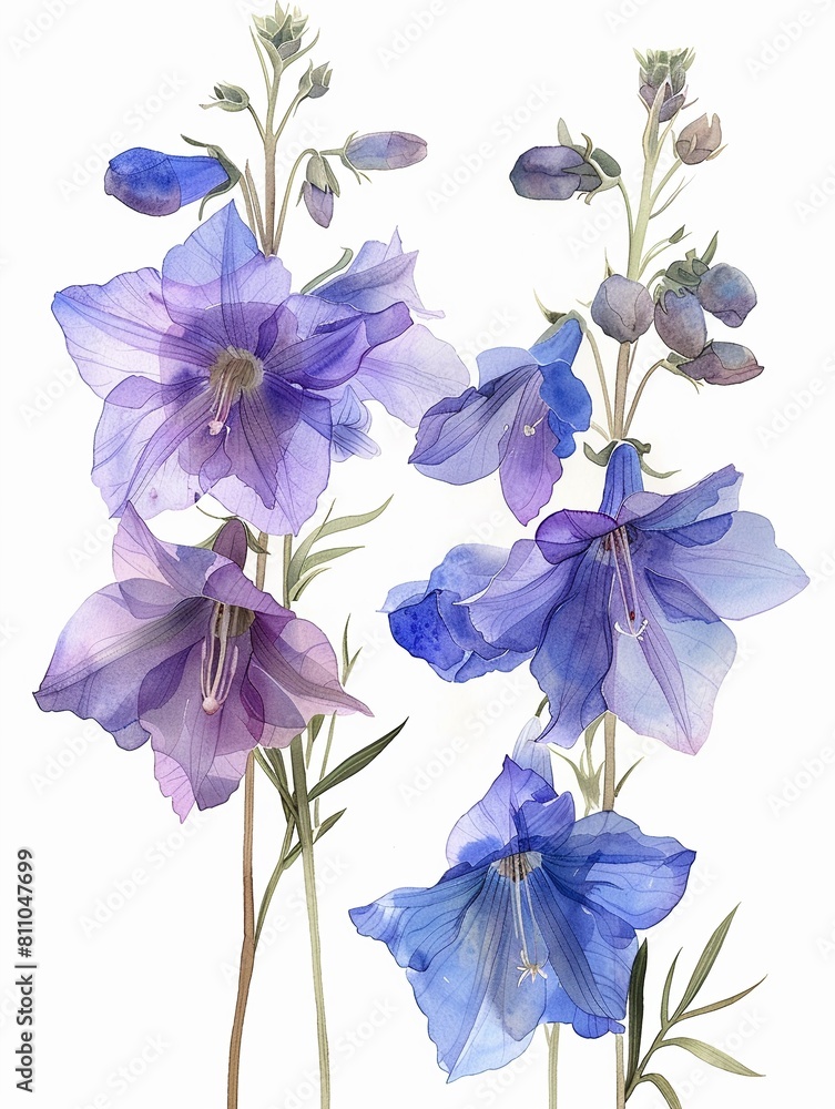 Pastel watercolor illustration of Larkspur, hand drawn, conveying a tranquil and serene nature theme, on white background