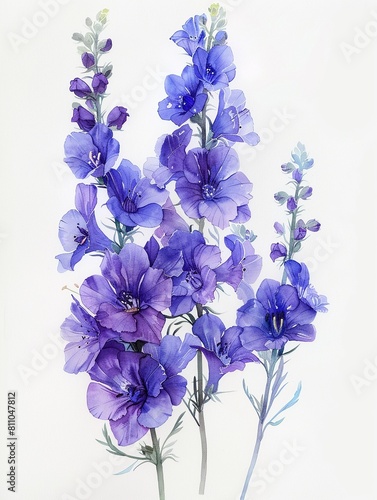 Pastel watercolor illustration of Larkspur, hand drawn, conveying a tranquil nature theme, on white background photo