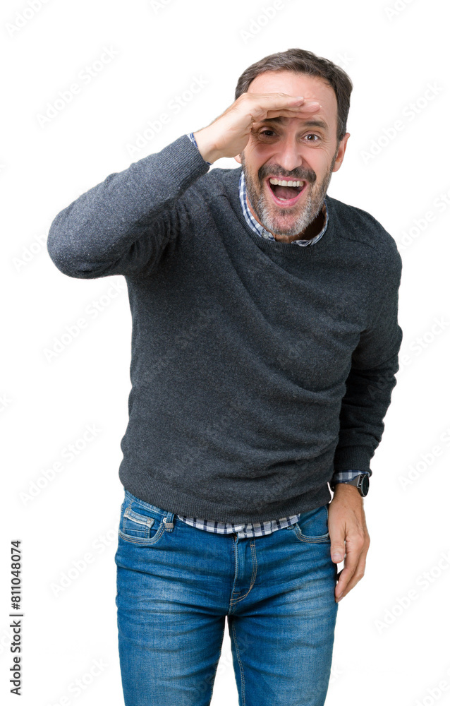 Handsome middle age senior man wearing a sweater over isolated background very happy and smiling looking far away with hand over head. Searching concept. Handsome middle age senior man wearing a sweater over isolated background very happy and smiling looking far away with hand over head. Searching concept.