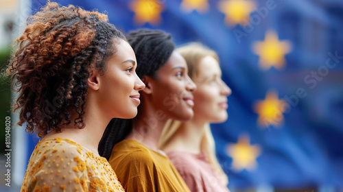 Confident strong young women of different nationalities standing in a row next to the European Union flag. Social agenda equality female political participation concept