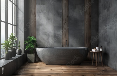 Modern bathroom with gray walls  wooden floor and bathtub. A gray wall with wood paneling on the left side of the room