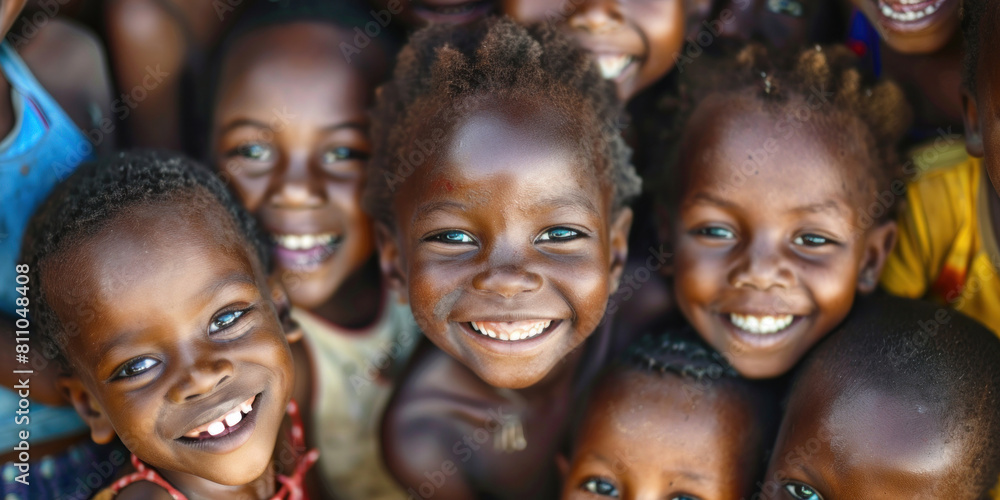 A children standing side by side in a row, looking at the camera with smiles on their faces, World Humanitarian Day A children standing side by side in a row, looking at the camera with smiles on their faces, World Humanitarian Day