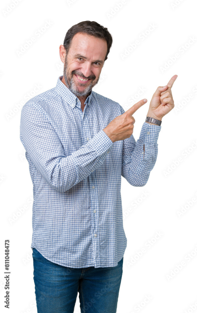 Handsome middle age elegant senior man over isolated background smiling and looking at the camera pointing with two hands and fingers to the side. Handsome middle age elegant senior man over isolated background smiling and looking at the camera pointing with two hands and fingers to the side.