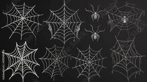 Collection of intricate webs and spiders - detailed illustrations on a dark background
