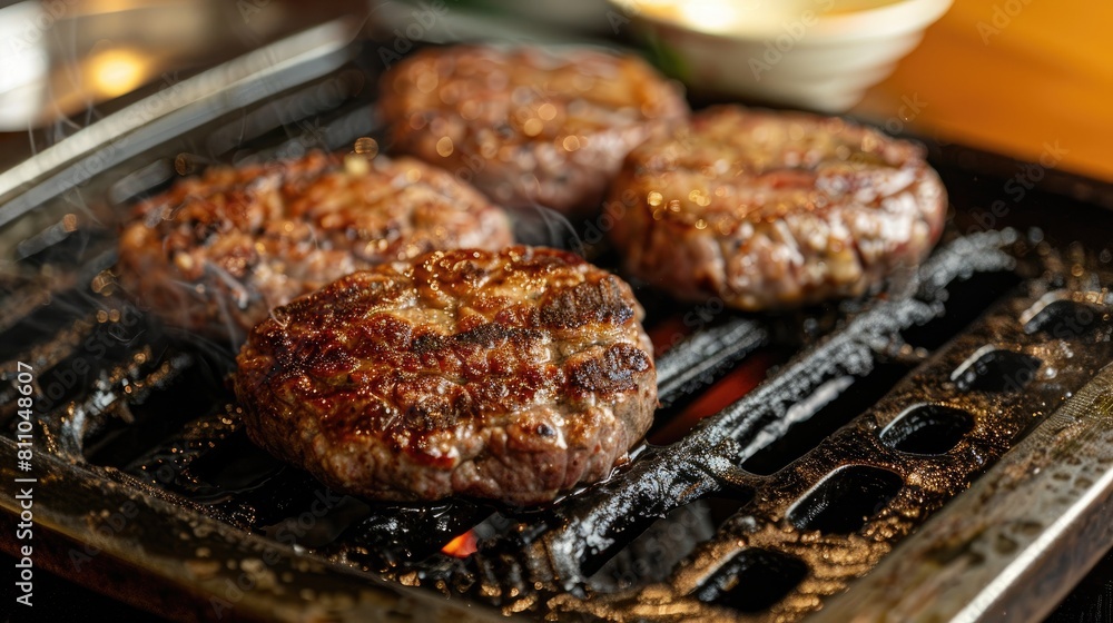 Enjoy mouthwatering homemade medium rare meat cutlets cooked on a sizzling iron grill during self isolation Enjoy mouthwatering homemade medium rare meat cutlets cooked on a sizzling iron grill during self isolation