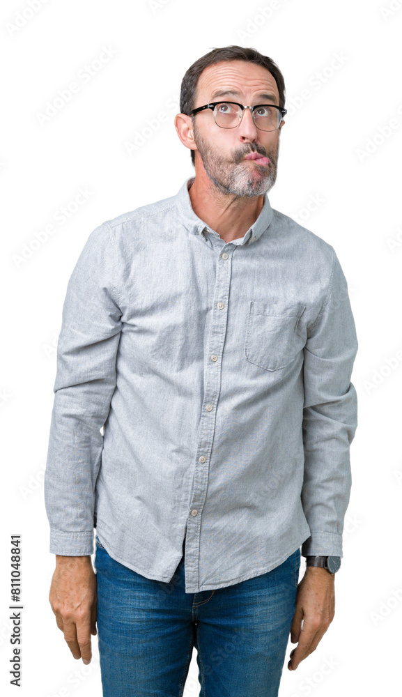 Handsome middle age elegant senior man wearing glasses over isolated background making fish face with lips, crazy and comical gesture. Funny expression. Handsome middle age elegant senior man wearing glasses over isolated background making fish face with lips, crazy and comical gesture. Funny expression.