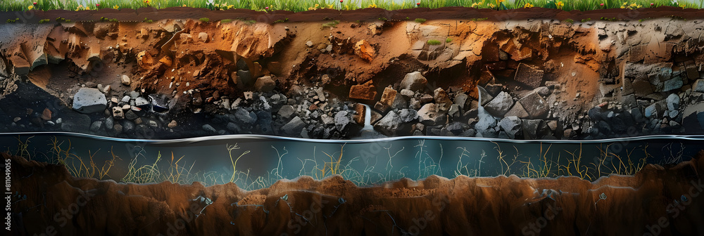 Section of soil with underground water, layers of earth and rocks ...