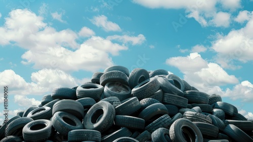 a pile of old tires and rubber waste awaits processing against the backdrop of a clear blue sky in an abandoned industrial wasteland.