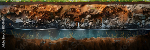 Section of soil with underground water, layers of earth and rocks.  photo