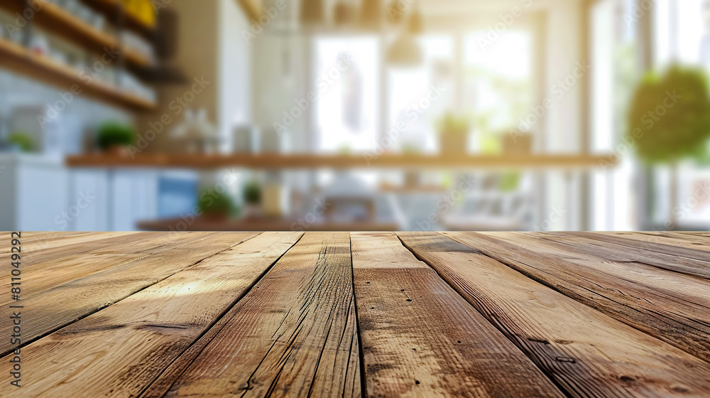 Empty beautiful wood table and blur bokeh modern kitchen interior background in clean and bright. Empty beautiful wood table and blur bokeh modern kitchen interior background in clean and bright.