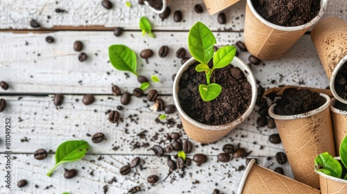 old disposable coffee capsules as flower pots, featuring a small green sprout, on a backdrop of disassembled paper cups strewn across a white wooden table surface with scattered coffee beans. photo