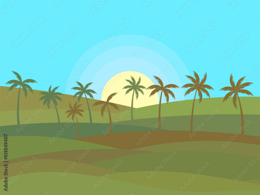 Tropical landscape with palm trees with sun. Silhouettes of palm trees on the hills. Summer time. Design of advertising booklets, banners, posters and travel agencies. Vector illustration
