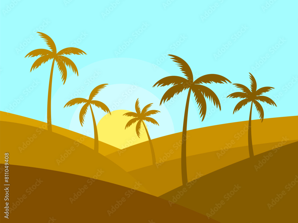 Landscape with silhouettes of palm trees at sunrise. Tropical landscape with palm trees in a minimalist style. Desert with sand dunes. Design for wallpaper, banner and cover print. Vector illustration