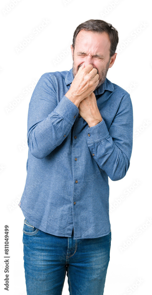 Handsome middle age elegant senior man over isolated background smelling something stinky and disgusting, intolerable smell, holding breath with fingers on nose. Bad smells concept. Handsome middle age elegant senior man over isolated background smelling something stinky and disgusting, intolerable smell, holding breath with fingers on nose. Bad smells concept.