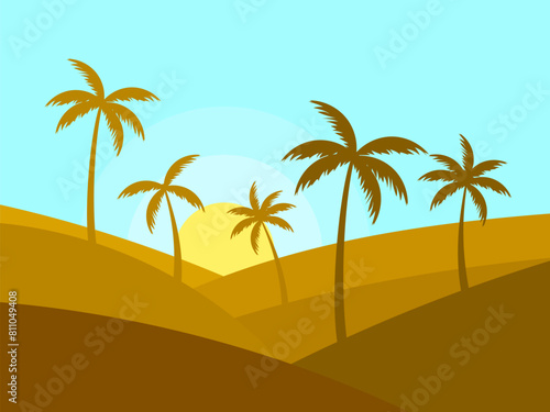 Landscape with silhouettes of palm trees at sunrise. Tropical landscape with palm trees in a minimalist style. Desert with sand dunes. Design for wallpaper  banner and cover print. Vector illustration