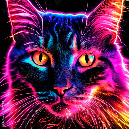 A tangle of feline animals on a neon black background of digital particles. photo