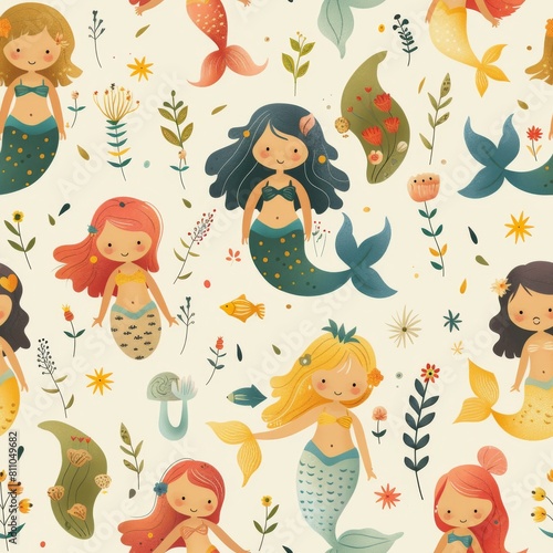 Cute little mermaid pattern . ai generated